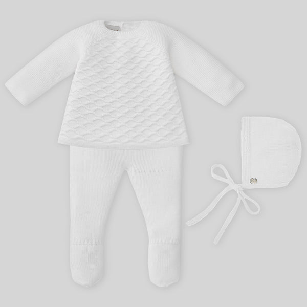 Paz Rodriguez Set Knit Newborn Sweater Pant & Hat - White