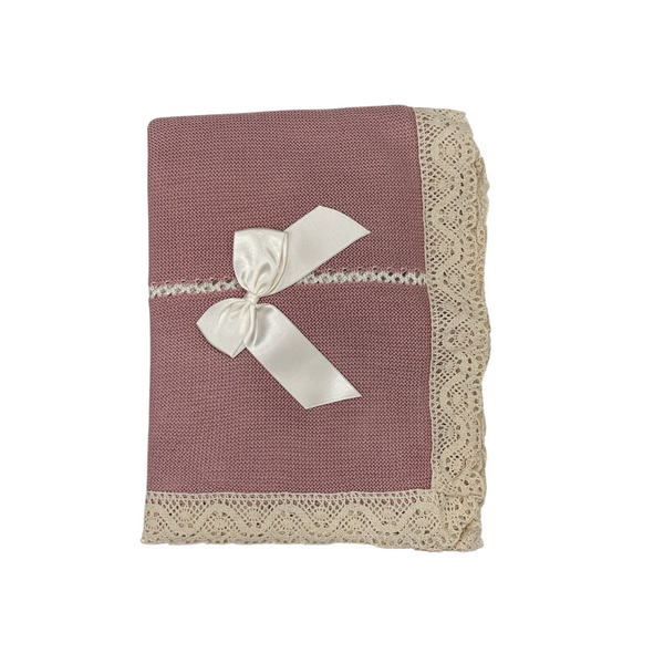 Luna Baby Knitted Baby Blanket With Embroidered Lace Details And Satin Bow - Pink