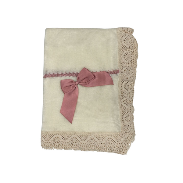 Luna Baby Knitted Baby Blanket With Embroidered Lace Details And Satin Bow - Beige Pink