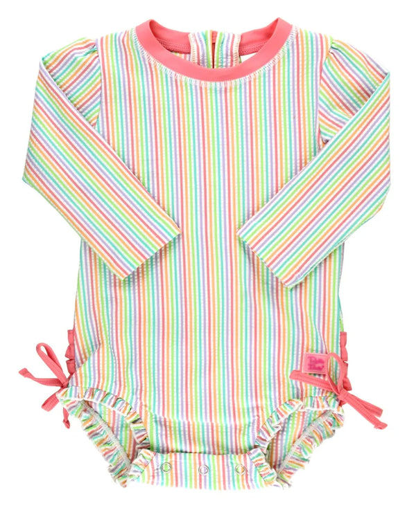 Ruffle Butts Long Sleeve Rash Guard One Piece - Rainbow Seersucker