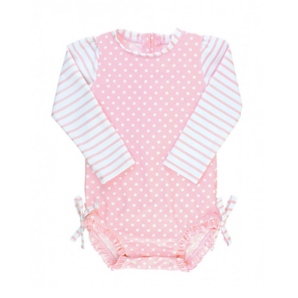 Ruffle Butts Long Sleeve One Piece Rash Guard - Pink Polka Dot